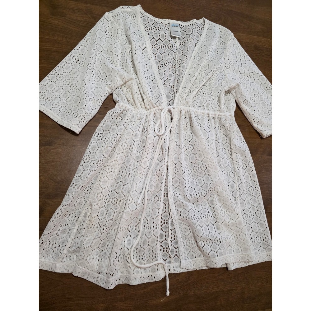 Catalina Arctic White Crochet Lace Swim Cover Up Kimono Tie Front 2X plus size